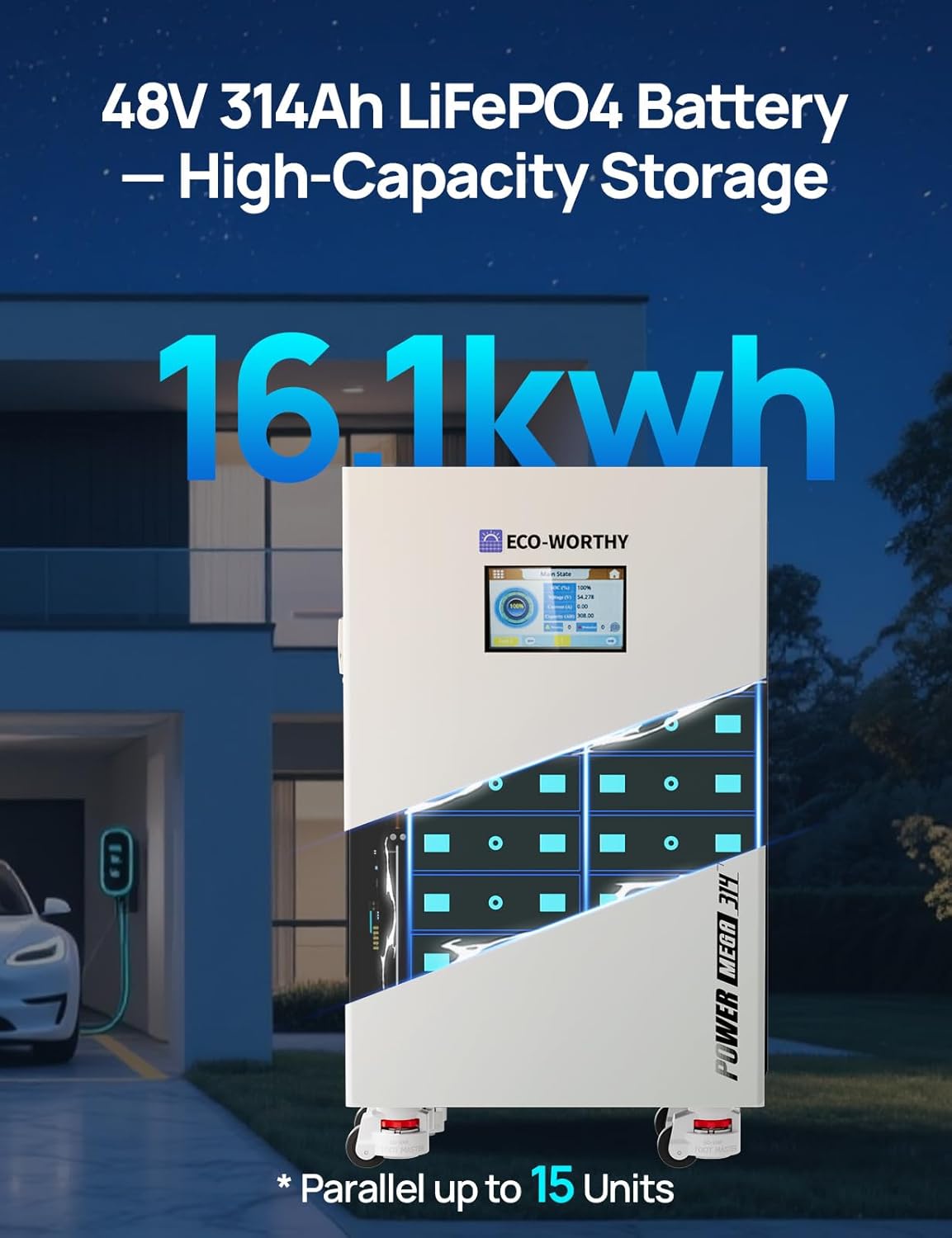 ECO-WORTHY Powermega 48V 314Ah LiFePO4 Energy Storage System with 10kW Hybrid Inverter, Active Balancing BMS, Built-in Bluetooth&WiFi, Communication Support for Home Backup, Emergency Power, Off-Grid