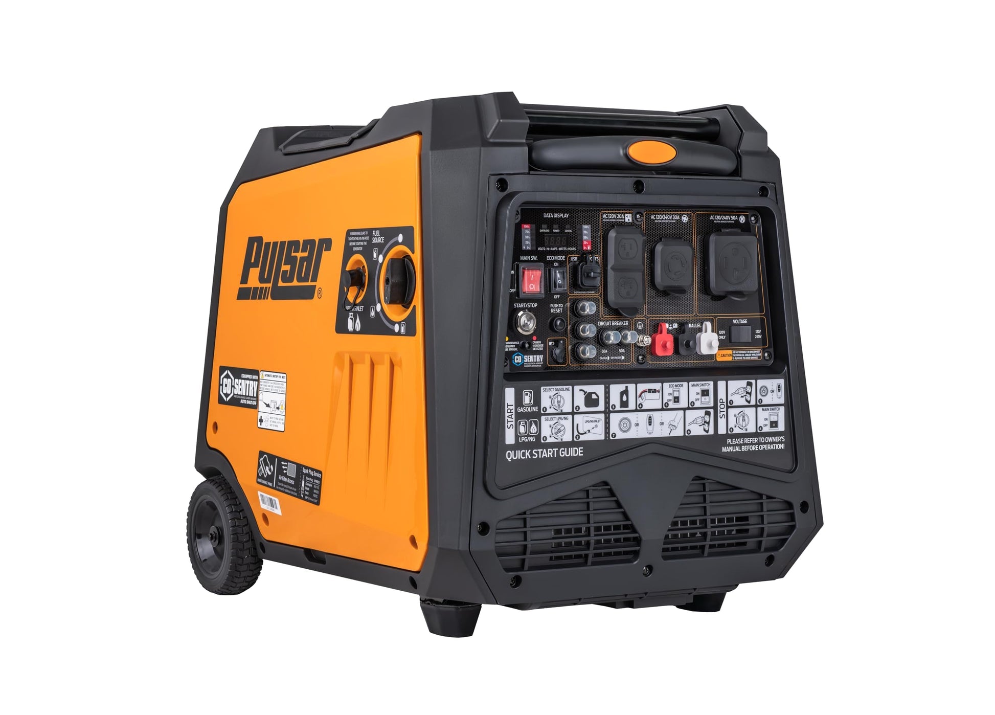 Pulsar NEX60BiSRCO - Generador inversor portátil de 6000 vatios, gasolina de combustible dual y propano, arranque eléctrico remoto, sensor de CO, capacidad paralela, súper silencioso, uso para RV, camping, exteriores y hogar, NEX60BiSRCO