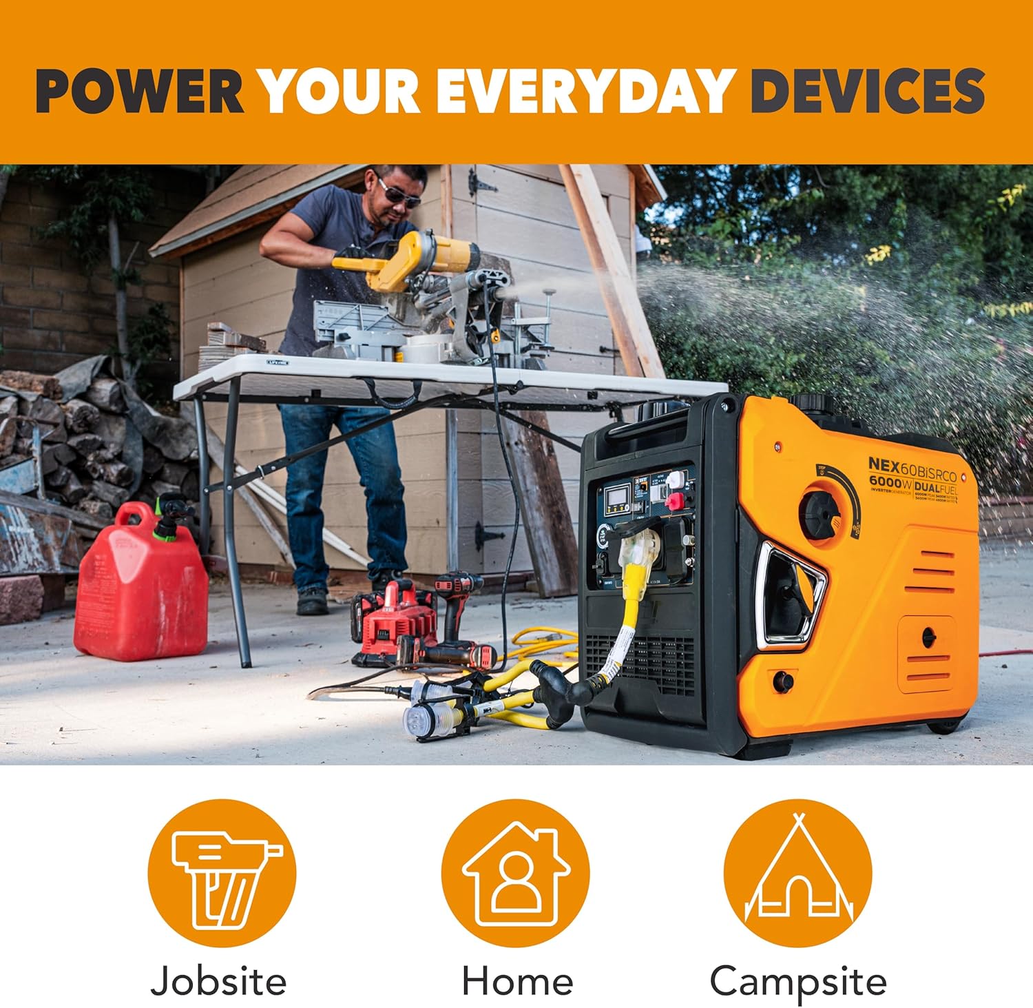Pulsar NEX60BiSRCO - Generador inversor portátil de 6000 vatios, gasolina de combustible dual y propano, arranque eléctrico remoto, sensor de CO, capacidad paralela, súper silencioso, uso para RV, camping, exteriores y hogar, NEX60BiSRCO