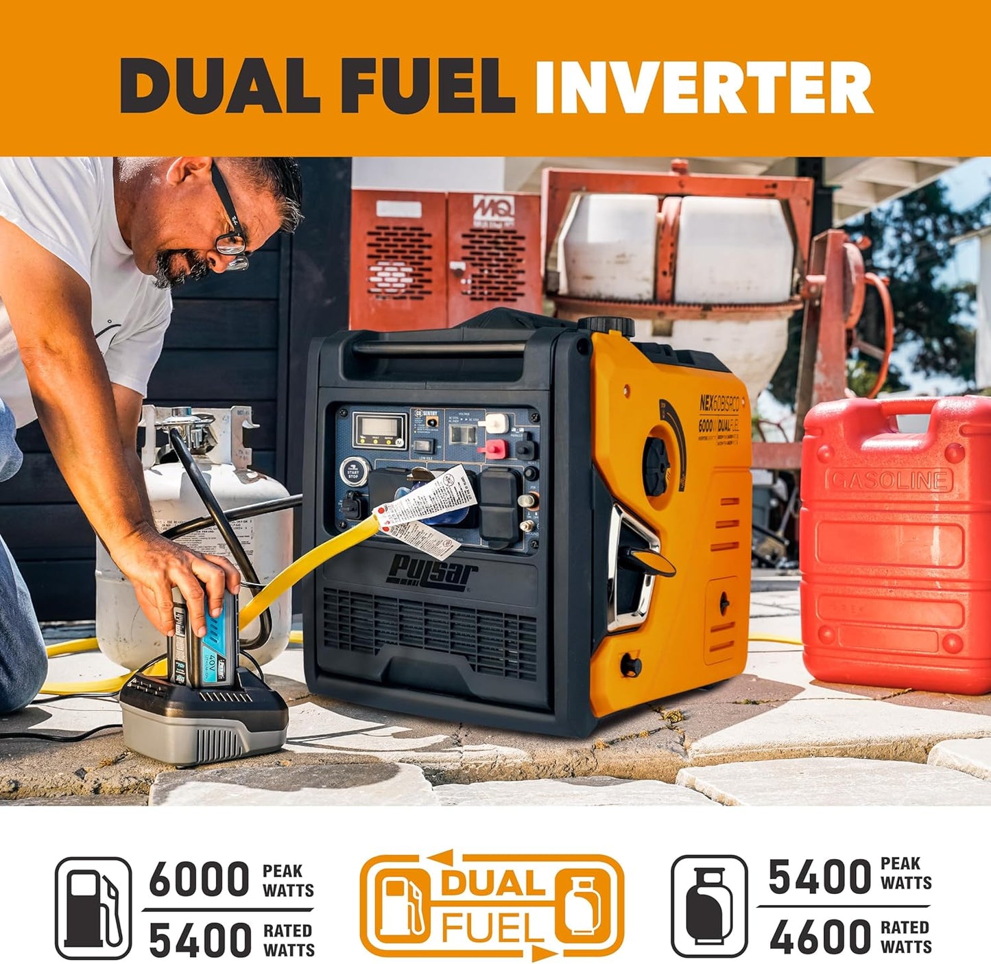 Pulsar NEX60BiSRCO - Generador inversor portátil de 6000 vatios, gasolina de combustible dual y propano, arranque eléctrico remoto, sensor de CO, capacidad paralela, súper silencioso, uso para RV, camping, exteriores y hogar, NEX60BiSRCO